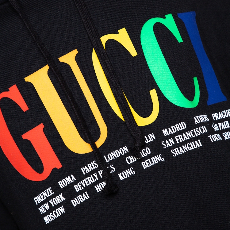 Pre Owned Gucci Black Gucci Cities Print Cotton Hooded Sweatshirt M