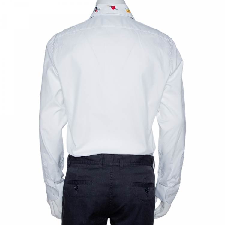 Pre Owned Gucci White Cotton Symbols Embroidered Collar Long Sleeve Shirt XL