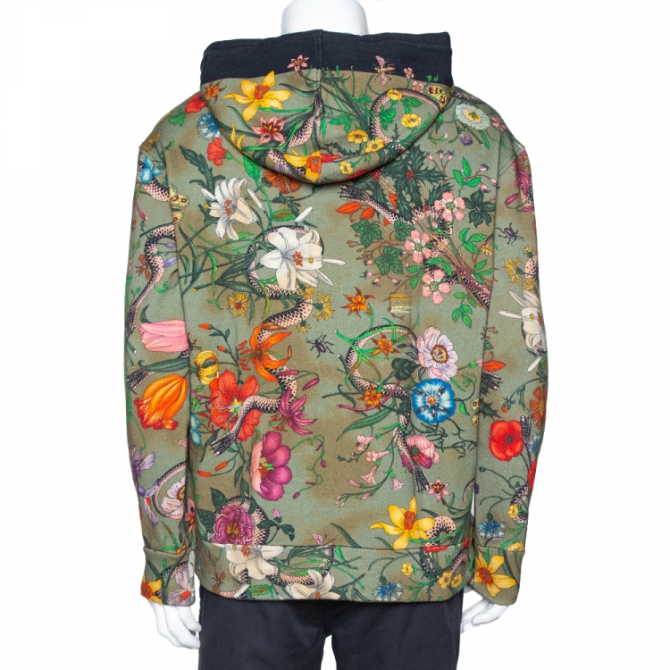 Pre Owned Gucci Olive Green Tea Stained Effect Cotton Flora Snake Print Hoodie L 