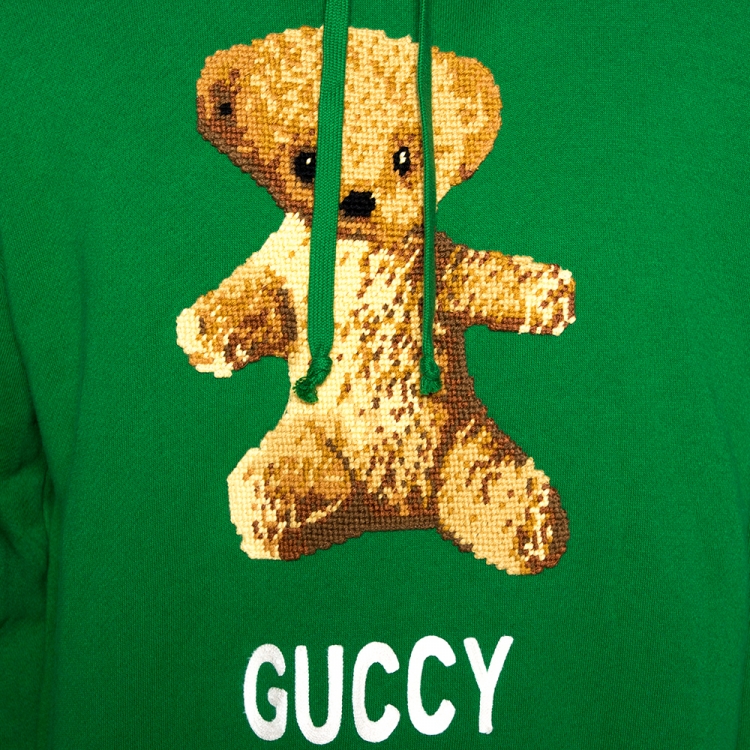 Pre Owned Gucci Green Cotton Jersey Guccy Embroidered Teddy Bear Hoodie M