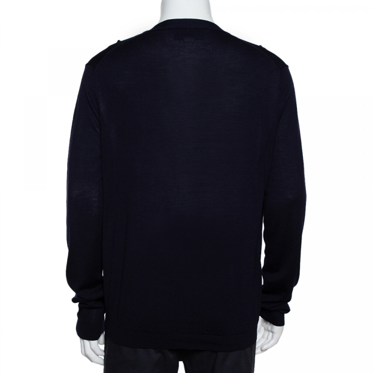 Pre Owned Gucci Navy Blue Wool GG Detail Button Front Cardigan XL