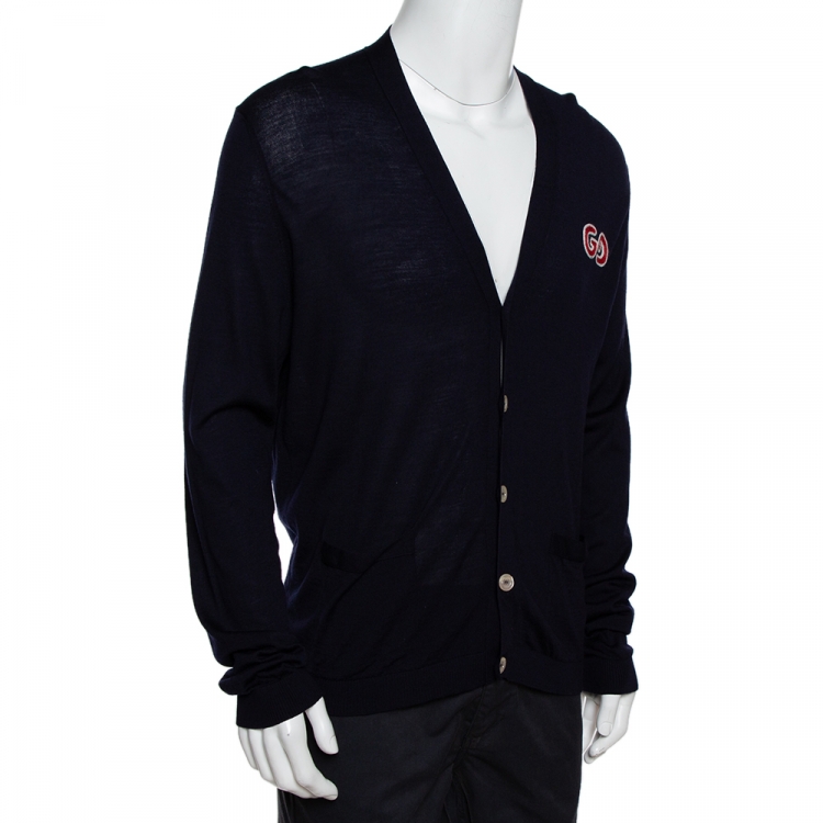 Pre Owned Gucci Navy Blue Wool GG Detail Button Front Cardigan XL