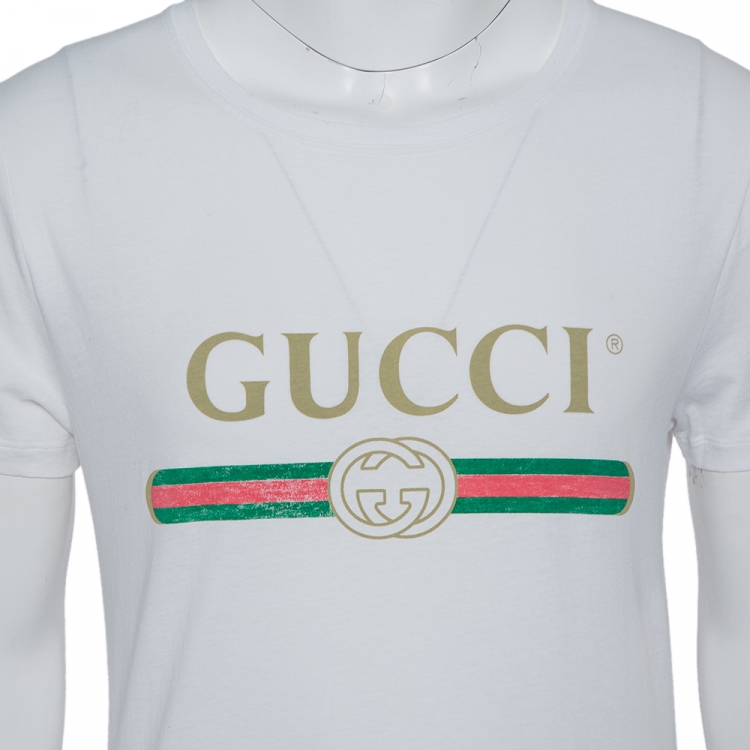 Pre Owned Gucci White Washed Cotton Logo Printed Oversized Crewneck T-Shirt XS