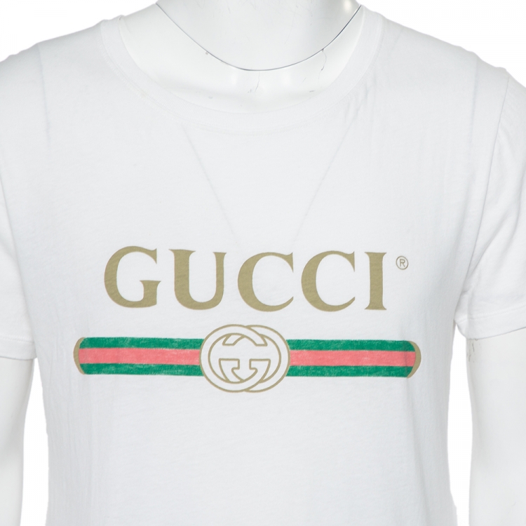 Pre Owned Gucci White Logo Printed Cotton Oversized Washed Crewneck T-Shirt XS