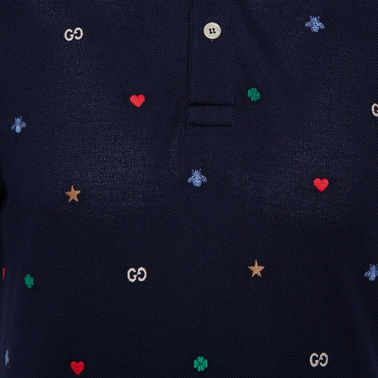 Pre Owned Gucci Navy Blue Honeycomb Knit Contrast Trim Detail Embroidered Polo T-Shirt L