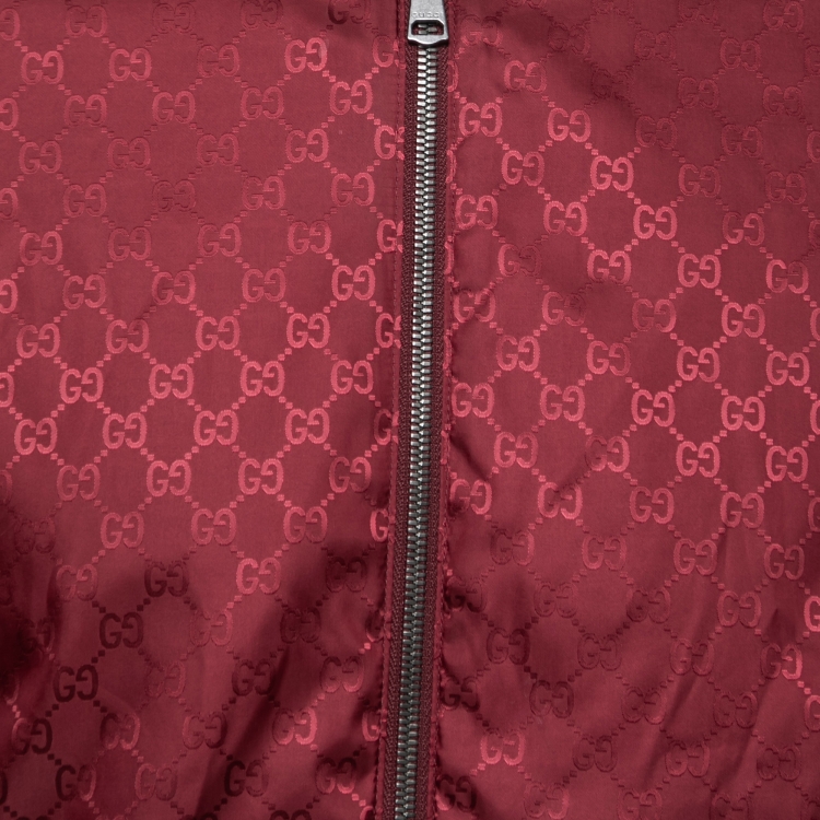 Pre Owned Gucci Burgundy GG Jacquard Synthetic Reversible Bomber Jacket M