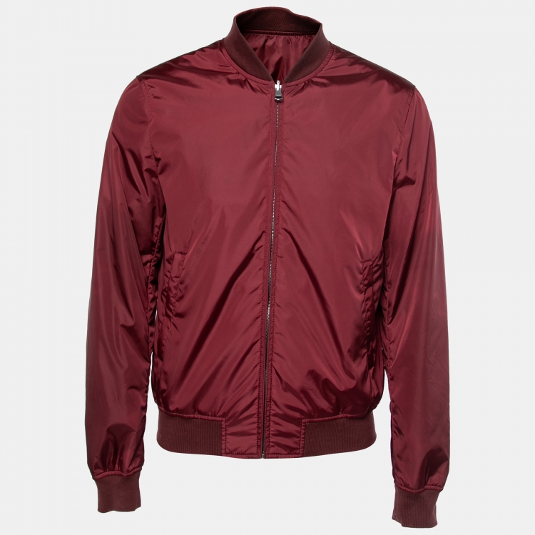 Pre Owned Gucci Burgundy GG Jacquard Synthetic Reversible Bomber Jacket M