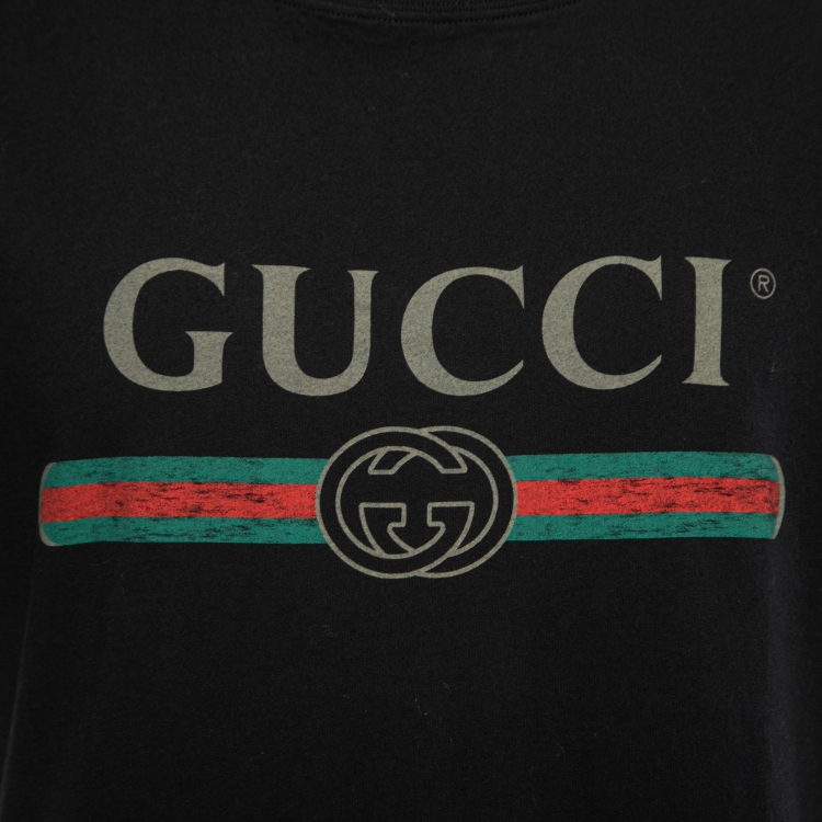 Pre Owned Gucci Black Logo Printed Washed Cotton Distressed T Shirt XL