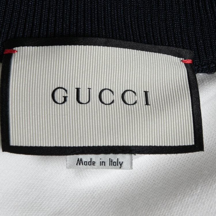 Pre Owned Gucci White Knit Contrast Trimmed Bee Embroidered Zip Front Cardigan XS