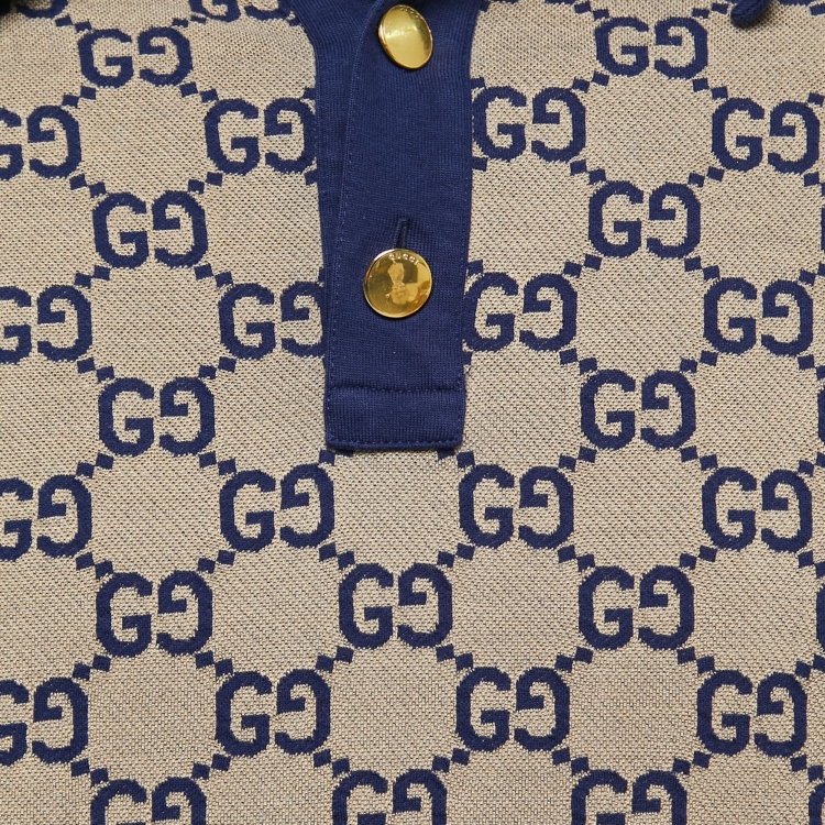 Pre Owned Gucci Navy Blue GG Jacquard Knit Polo T-Shirt M