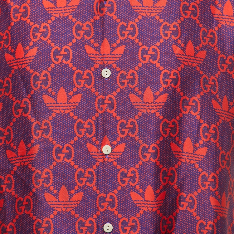 Pre Owned Gucci X Adidas Blue/Red Logo Printed Silk Short Sleeve Shirt M