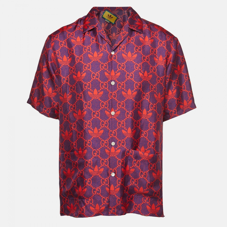 Gucci adidas シルクシャツ Gucci X Adidas Blue/Red Logo Printed Silk Short Sleeve Shirt