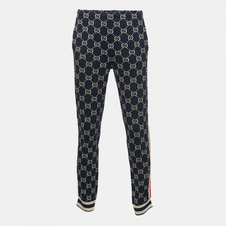 Pre Owned Gucci Navy Blue All-Over Logo Print Jersey Joggers XL