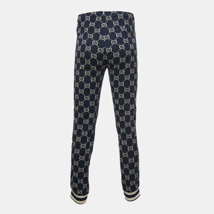 Pre Owned Gucci Navy Blue All-Over Logo Print Jersey Joggers XL