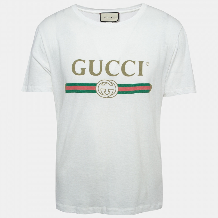 Gucci White Logo Print Washed & Distressed Cotton Oversized T-Shirt M ...