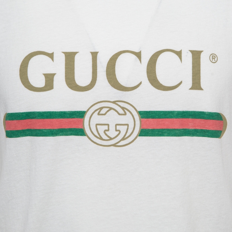 Pre Owned Gucci White Logo Print Washed & Distressed Cotton Oversized T-Shirt M