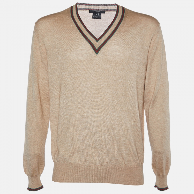 Gucci Beige Camel Hair and Silk V Neck Sweater XL Gucci The Luxury Closet