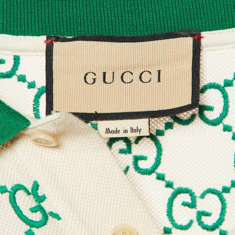 Pre Owned Gucci Off White GG Embroidered Cotton Polo T-Shirt S