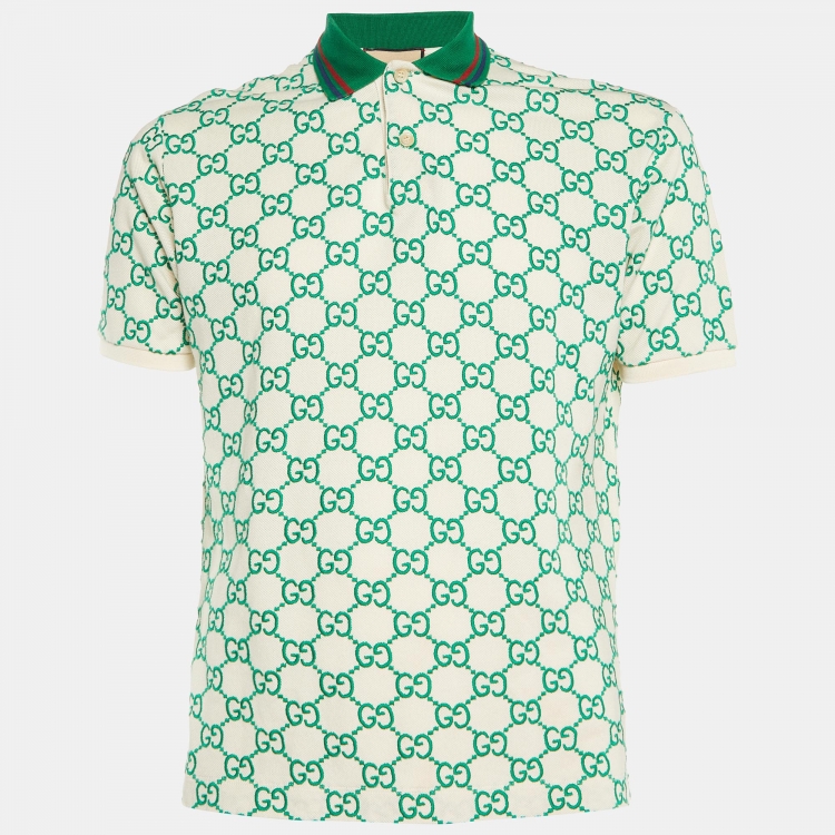 Pre Owned Gucci Off White GG Embroidered Cotton Polo T-Shirt S