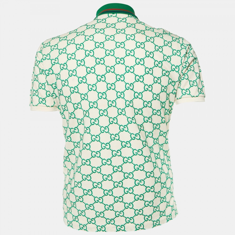 Pre Owned Gucci Off White GG Embroidered Cotton Polo T-Shirt S