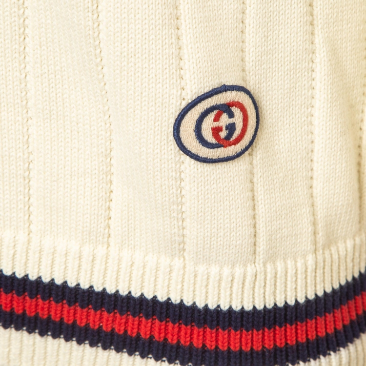 Pre Owned Gucci Cream Cotton Knit Web Detail V-Neck Jumper S