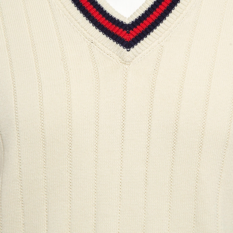 Pre Owned Gucci Cream Cotton Knit Web Detail V-Neck Jumper S