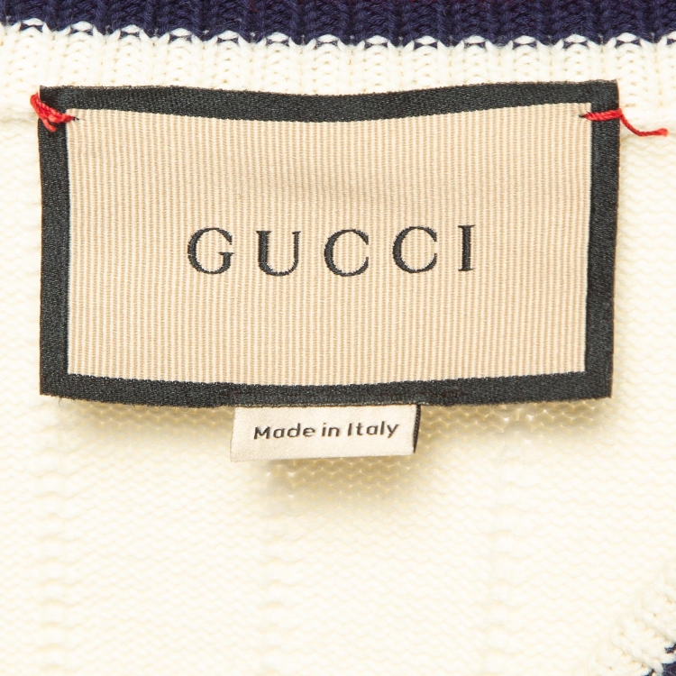 Pre Owned Gucci Cream Cotton Knit Web Detail V-Neck Jumper S