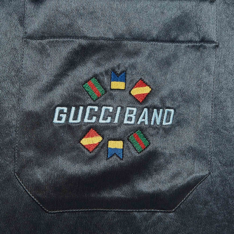 Pre Owned Gucci Dark Blue Satin Embroidered Bowling Shirt S