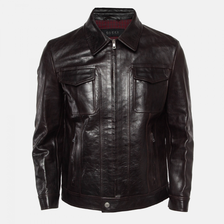 Pre Owned Gucci Dark Brown Leather Zipper Jacket M