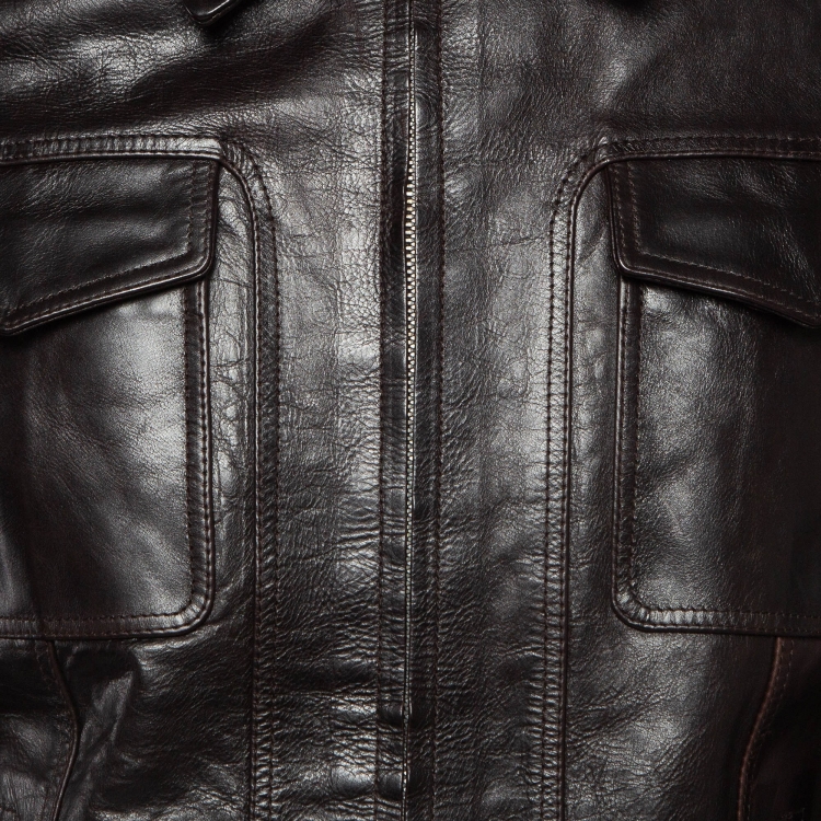 Pre Owned Gucci Dark Brown Leather Zipper Jacket M