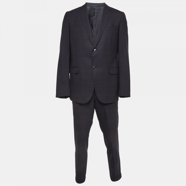 Pre Owned Gucci Navy Blue Checked Wool Pants Suit XXL