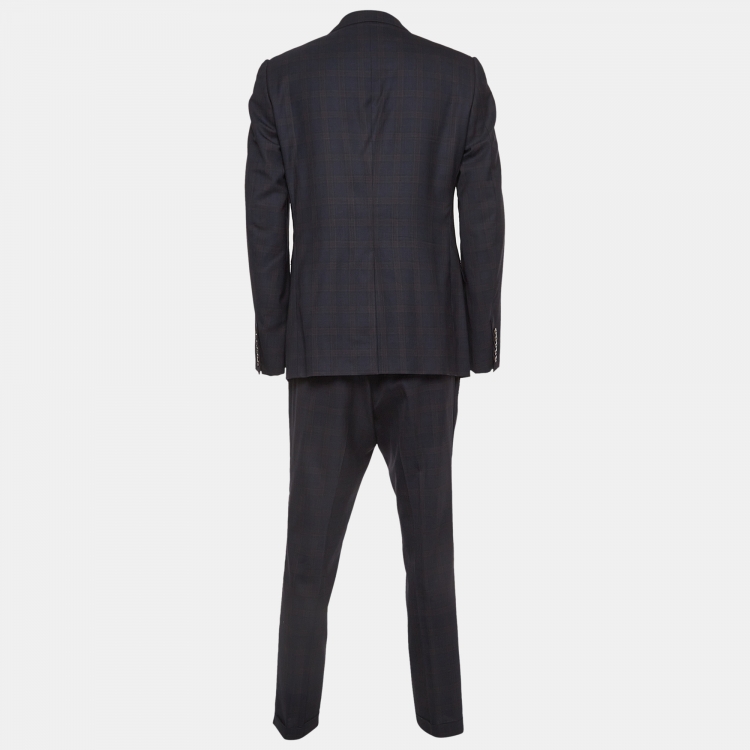 Pre Owned Gucci Navy Blue Checked Wool Pants Suit XXL