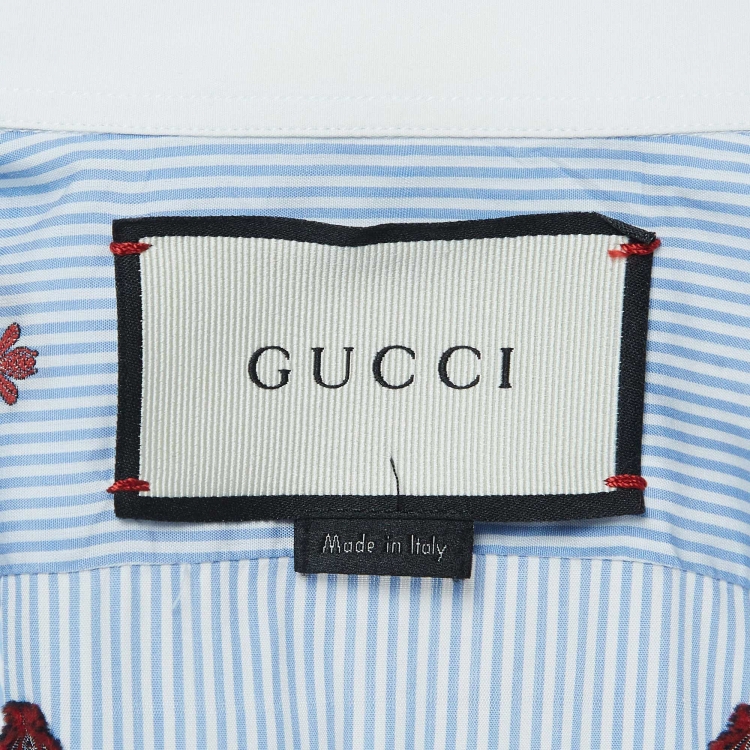 Pre Owned Gucci Blue Pinstripe Bee Embroidered Cotton Cambridge Shirt S