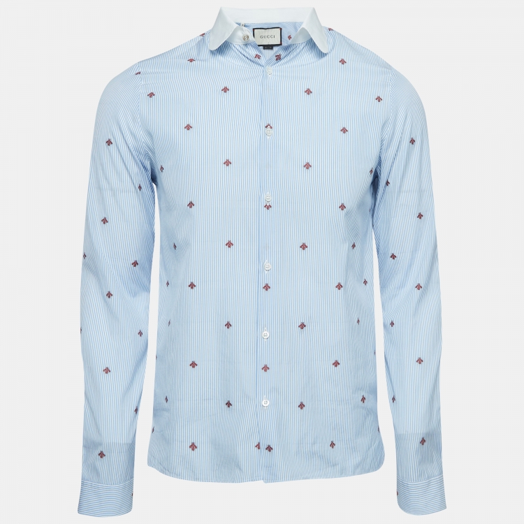 Pre Owned Gucci Blue Pinstripe Bee Embroidered Cotton Cambridge Shirt S