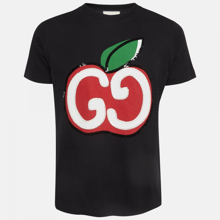 Pre Owned Gucci Black Apple GG Print Cotton T-Shirt M