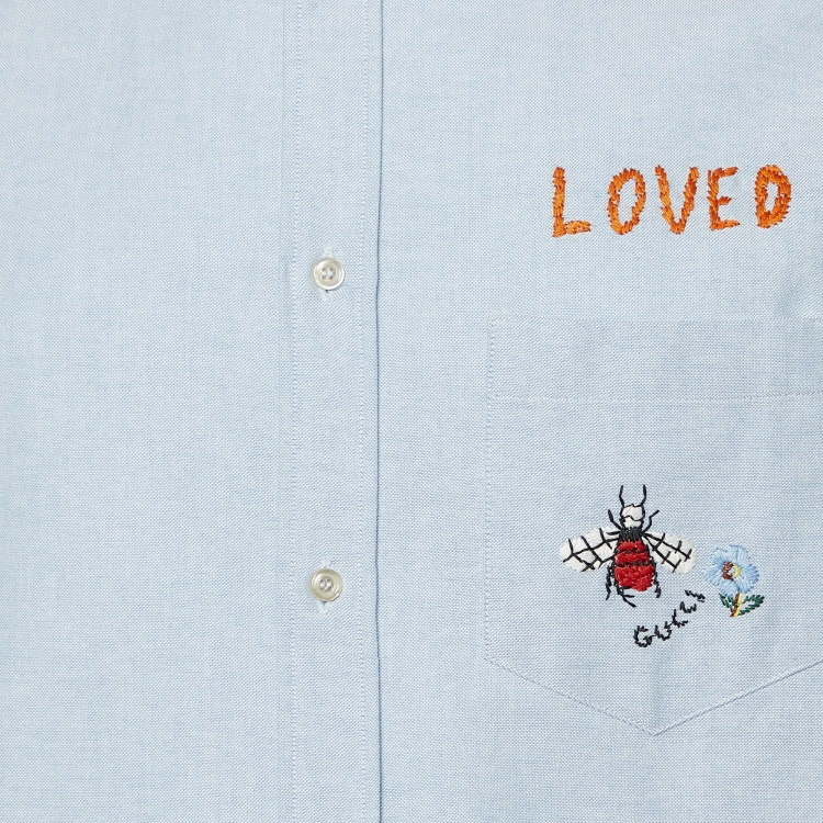 Pre Owned Gucci Light Blue Embroidered Cotton Button Down Shirt L