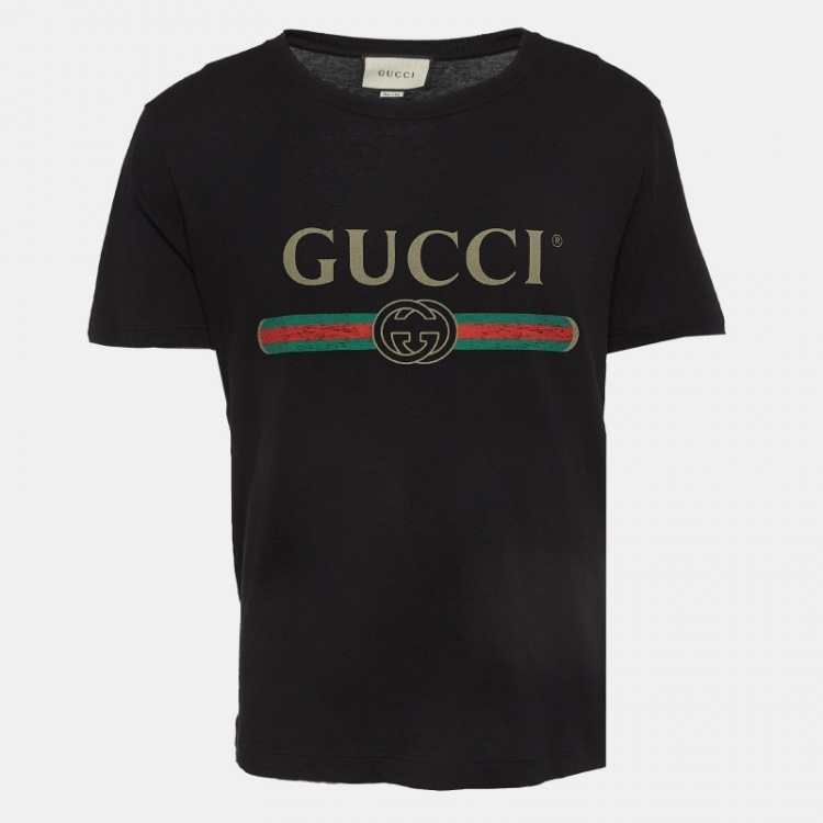 Pre Owned Gucci Black Logo Print Cotton Distressed T-Shirt S