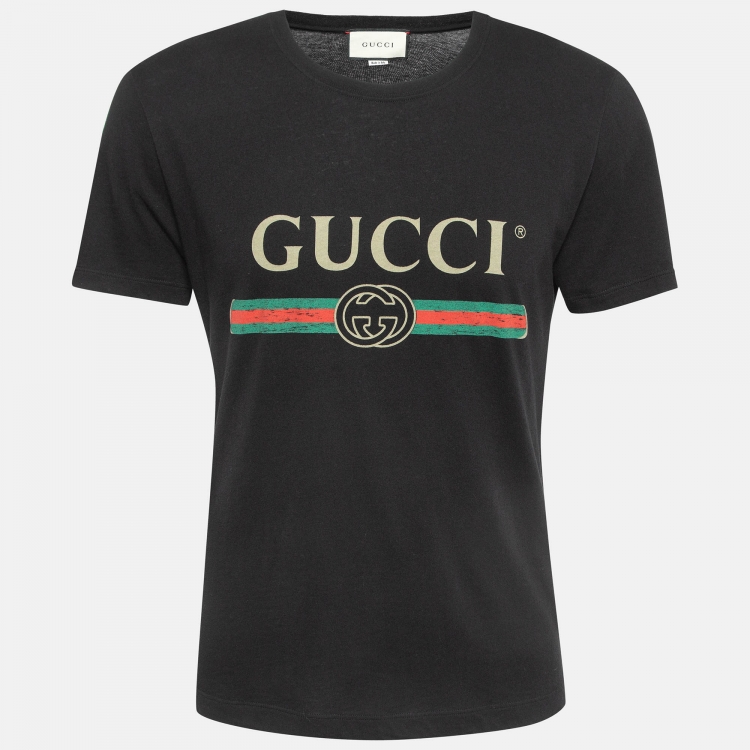 Pre Owned Gucci Black Logo Print Cotton Distressed T-Shirt XS