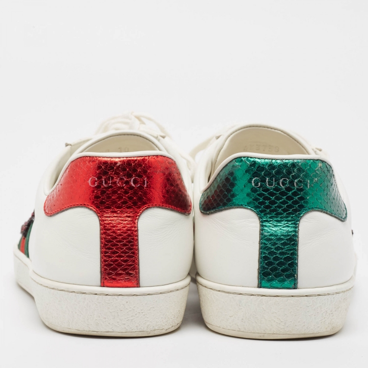 Pre Owned Gucci White Leather Embellished Lightning Bolt Ace Sneakers Size 44