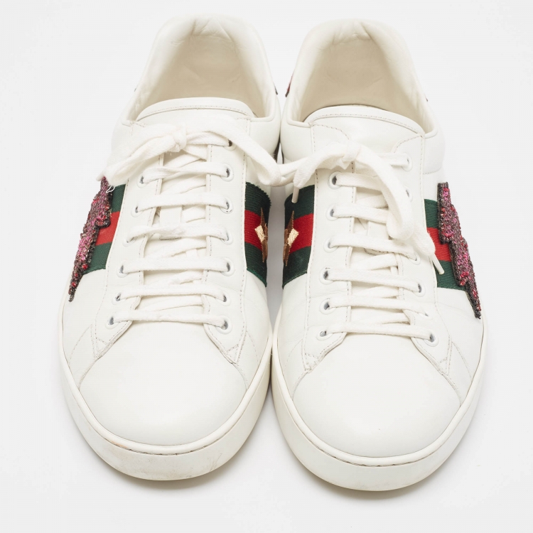 Pre Owned Gucci White Leather Embellished Lightning Bolt Ace Sneakers Size 44