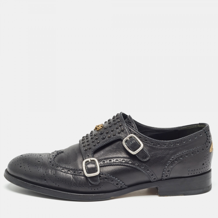 Pre Owned Gucci Black Brogue Leather Queercore Double Strap Monk Size 44