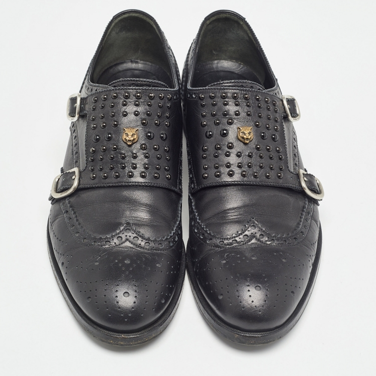 Pre Owned Gucci Black Brogue Leather Queercore Double Strap Monk Size 44