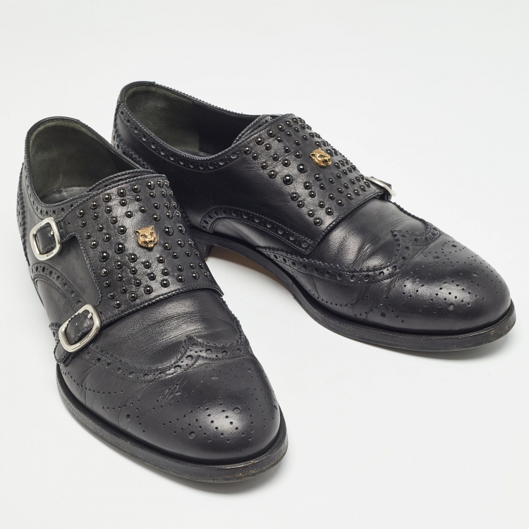 Pre Owned Gucci Black Brogue Leather Queercore Double Strap Monk Size 44