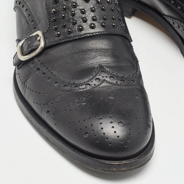 Pre Owned Gucci Black Brogue Leather Queercore Double Strap Monk Size 44