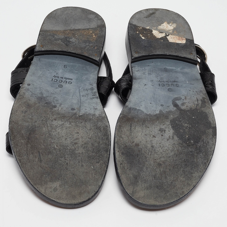 Pre Owned Gucci Black Embossed Croc Slingback Sandals Size 43