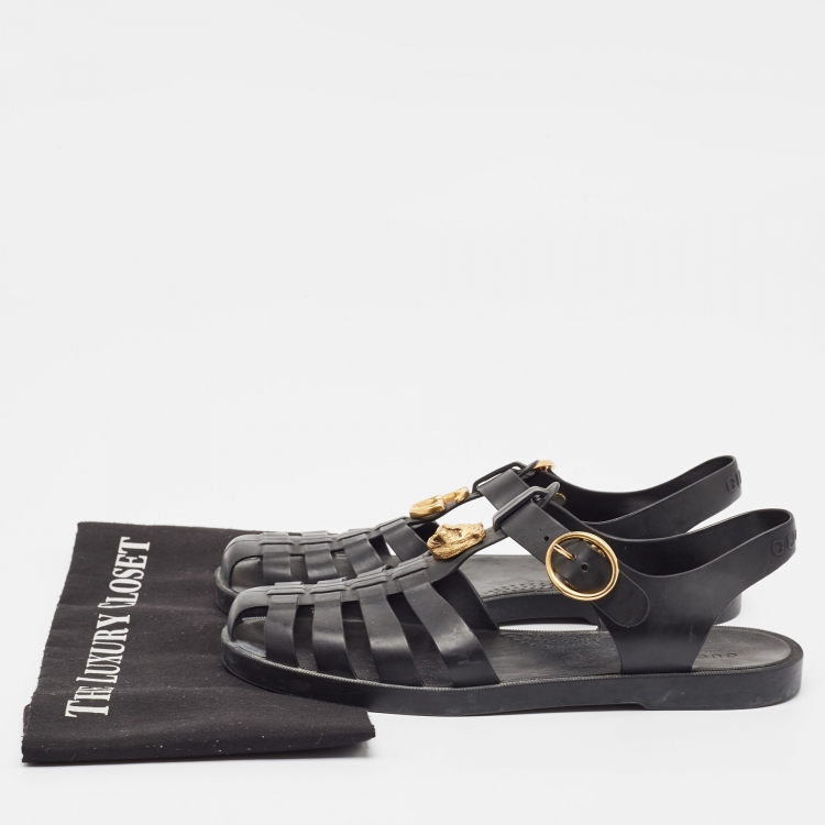 Pre Owned Gucci Black Rubber Tiger Head Caged Sandals Size 40