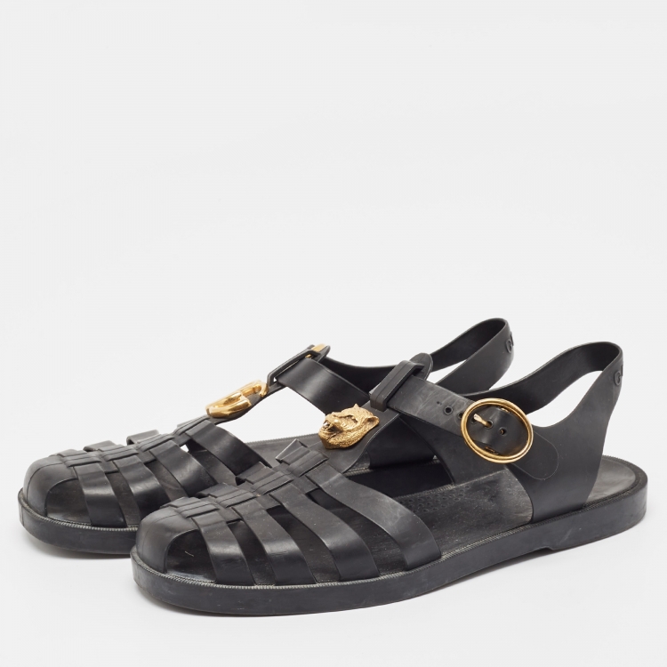 Pre Owned Gucci Black Rubber Tiger Head Caged Sandals Size 40