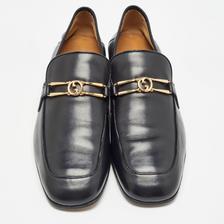 Pre Owned Gucci Black Leather Interlocking G Loafers Size 43