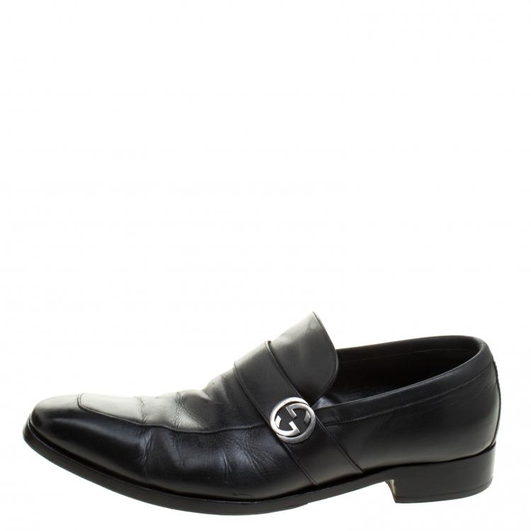 Pre Owned Gucci Black Leather GG Oxfords Size 43.5