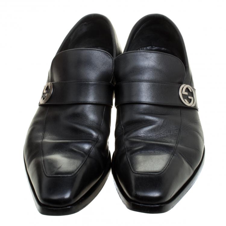 Pre Owned Gucci Black Leather GG Oxfords Size 43.5